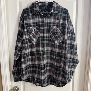 Howitzer Patriot MFG Black Plaid Blue Collar Button Up Sz L. F-16